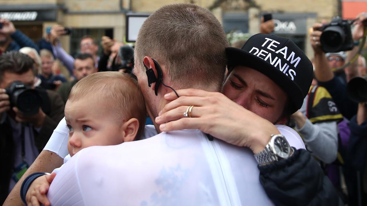 Rohan Dennis celebrates winning gold with his wife Melissa Hoskins and their son during the Men's Elite Individual Time Trials from Northallerton to Harrogate. Picture: Tim Goode/PA Images via Getty Images