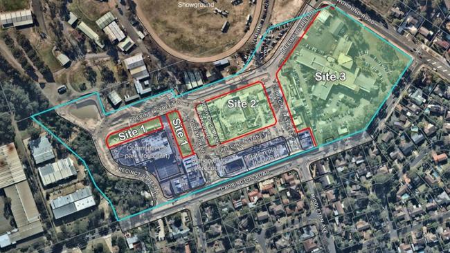 The three development stages at the Hills Showground station site.