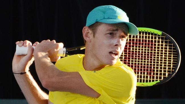 Alex De Minaur in his debut Davis Cup appearance for Australia in their successful tie against Bosnia and Herzegovina in Adelaide. Picture: Brenton EDWARDS / AFP