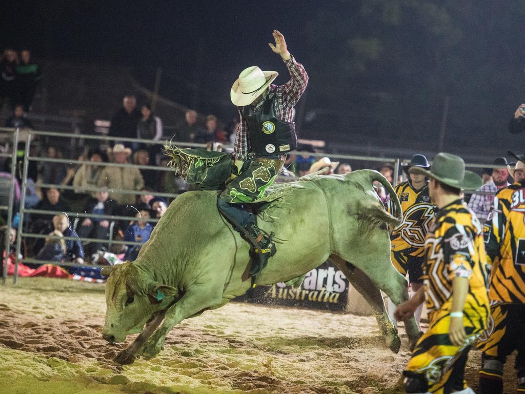 Lachlan Slade shows his winner style in action from the Grafton PBR round at the Grafton Showground.