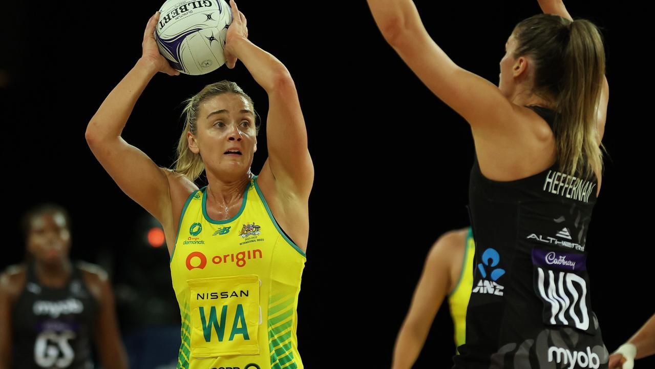 Australian captain Liz Watson struggled against the Silver Ferns’ defensive pressure. Picture: Phil Walter