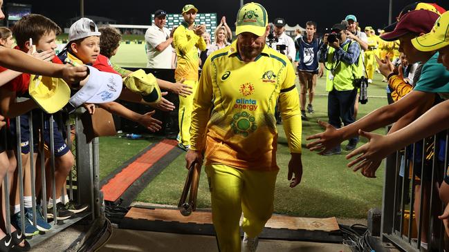 Retiring skipper Aaron Finch walks off after playing his last ODI for Australia. Picture: Robert Cianflone/Getty Images