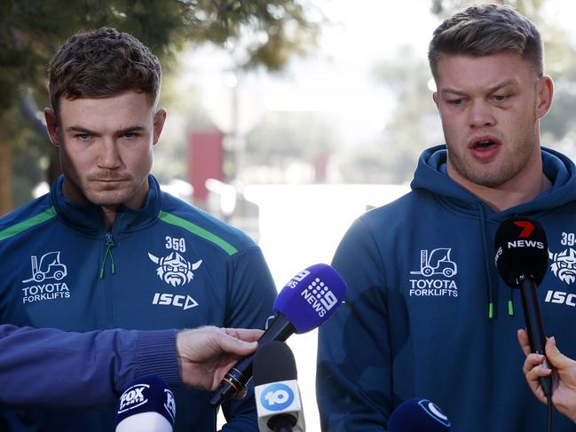 DAILY TELEGRAPH FEBRUARY 24, 2025. Canberra Raiders players Hudson Young and Morgan Smithies front the media regarding an incident at their Hilton Hotel in Las Vegas on Thursday night. Picture: Jonathan Ng