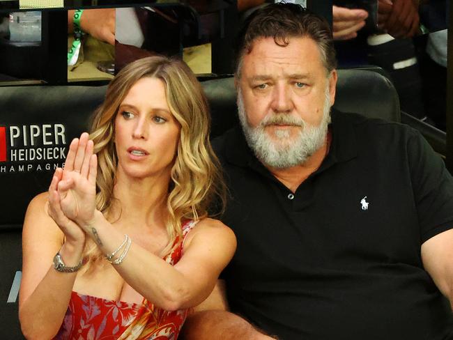MELBOURNE, JANUARY 28, 2023: 2023 Australian Open tennis. Russell Crowe watches Aryna Sabalenka in action against Elena Rybakina during their womens singles final on Rod Laver Arena. Picture: Mark Stewart