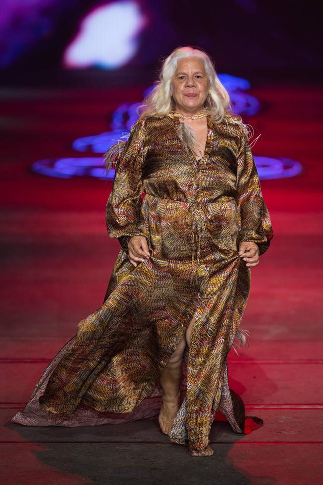 Jarrett walks the runway at the Indigenous Fashion Projects show during Australian fashion week in May 2023. Image credit: Getty Images