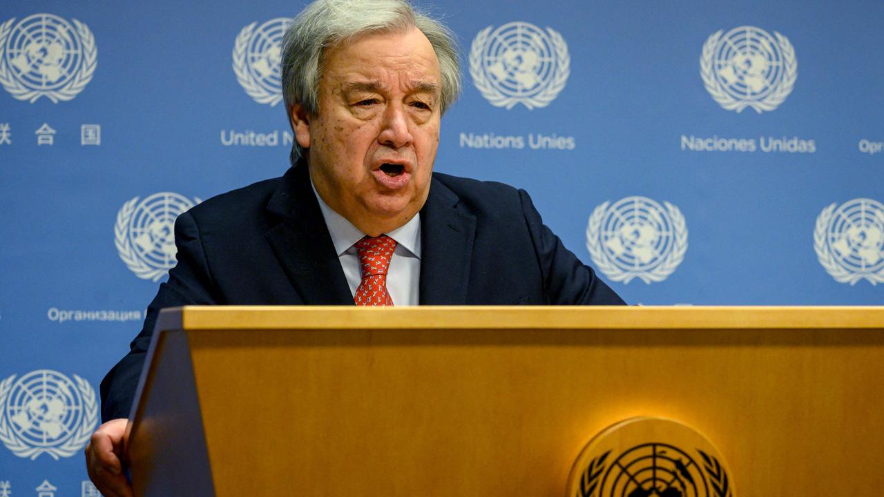 US Secretary-General Antonio Guterres speaking about climate change at the UN headquarters in New York City on July 27, 2023. (Photo by Ed JONES / AFP)