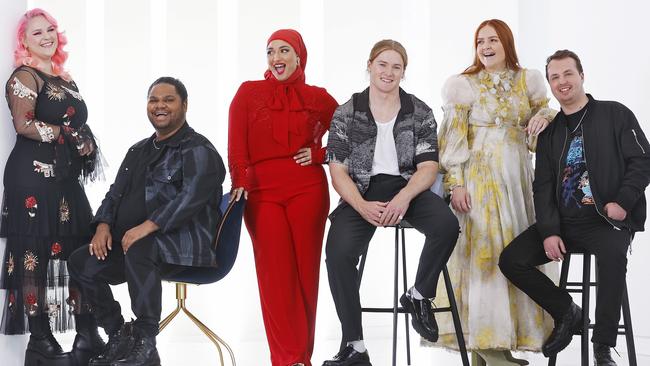 Australian Idol final 12 contestants (from left) Anya Hynninen, Royston Sagigi-Baira, Noora H, Sash Seabourne, Phoebe Stewart and Ben Sheehy. Picture: Sam Ruttyn