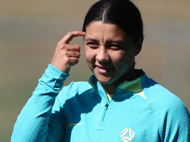 BRISBANE, AUSTRALIA - JULY 26: Sam Kerr walks during an Australia Matilda's training session during the FIFA Women's World Cup Australia & New Zealand 2023 at Perry Park on July 26, 2023 in Brisbane, Australia. (Photo by Chris Hyde/Getty Images)