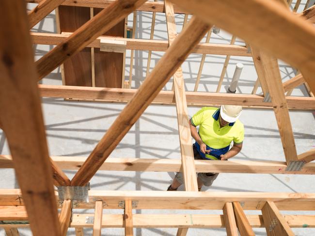 TRADESMAN/ TRADIE/BUILDING INDUSTRY:  Builder checking plan on digital tablet.