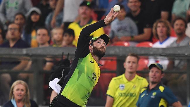 Australian Glenn Maxwell taps the ball back over the boundary before re-catching to dismiss South African captain Faf du Plessis during the T20 International match between Australia and South Africa, at Metricon Stadium, on the Gold Coast, Saturday, November 17, 2018. (AAP Image/Dave Hunt)  NO ARCHIVING, EDITORIAL USE ONLY, IMAGES TO BE USED FOR NEWS REPORTING PURPOSES ONLY, NO COMMERCIAL USE WHATSOEVER, NO USE IN BOOKS WITHOUT PRIOR WRITTEN CONSENT FROM AAP