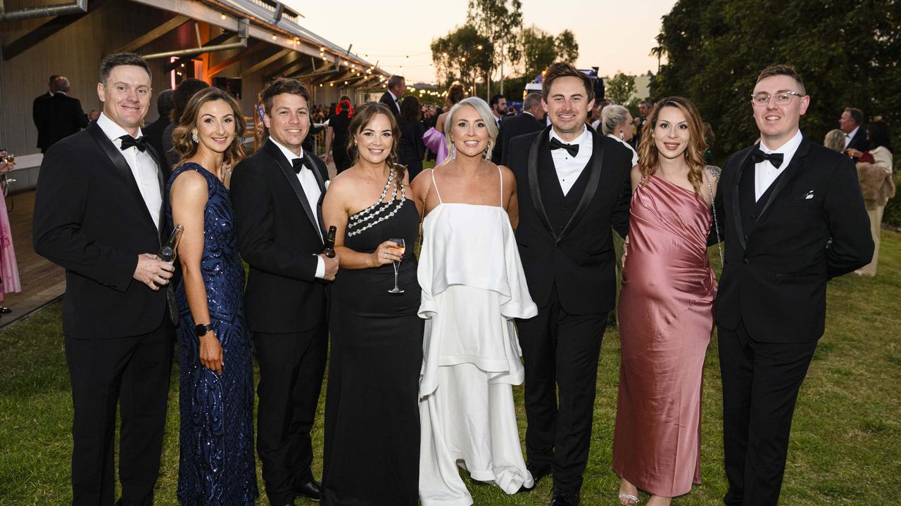 At the LifeFlight Toowoomba Gala are (from left) Luke Jackson, Natasha Jackson, Tom Pigozzo, Samantha Pigozzo, Sarah McVeigh, William McVeigh, Jessica Patterson and Brett Virgen at The Goods Shed, Saturday, May 24, 2025. Picture: Kevin Farmer
