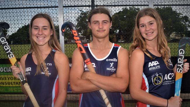 Ashleigh Ensbey, Rhys Cropper and Mackenna Ensbey are among a contingent of Grafton hockey players selected to represent NSW teams at national championships this year. Photo Bill North / The Daily Examiner