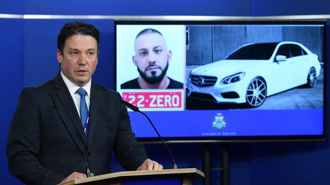 Homicide Squad Detective Inspector Tim Day with images of Ricardo Barbaro and Ellie Price’s Mercedes and number plate. Picture: AAP