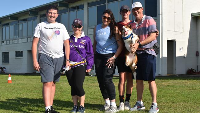 Lachlan Fothergill, Hayley McQueen, Donna, John Samuel and John Fothergill, and DJ the dog at the 2021 Ipswich Relay for Life. Picture: Jessica Baker / The Queensland Times