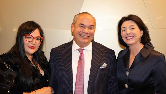 Sonia Stradiotto (left), Gold Coast Mayor Tom Tate and Mayoresss Ruth Tate at the Sonia Stradiotto Couture 35th Anniversary Charity Runway Show 2024 for Gold Coast. Picture: Portia Large.