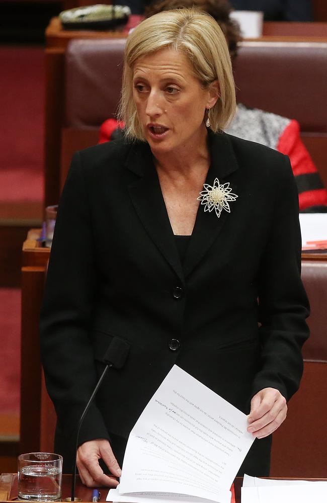 Senator Katy Gallagher speaking at Parliament House in Canberra. Picture Kym Smith