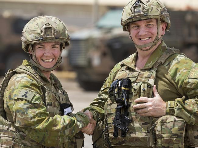 Australian soldiers Brigadier Kathryn Campbell and Deputy Commander Brigadier Neil Sweeney are based at the Taji Military Complex 20km north of Baghdad while training members of the Iraqi Army to defeat the Daesh terrorist group. Picture: Supplied