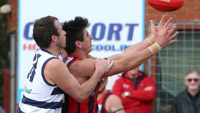 Schimmelbusch tussles with Blackburn’s Jake Hammond. Picture: Hamish Blair