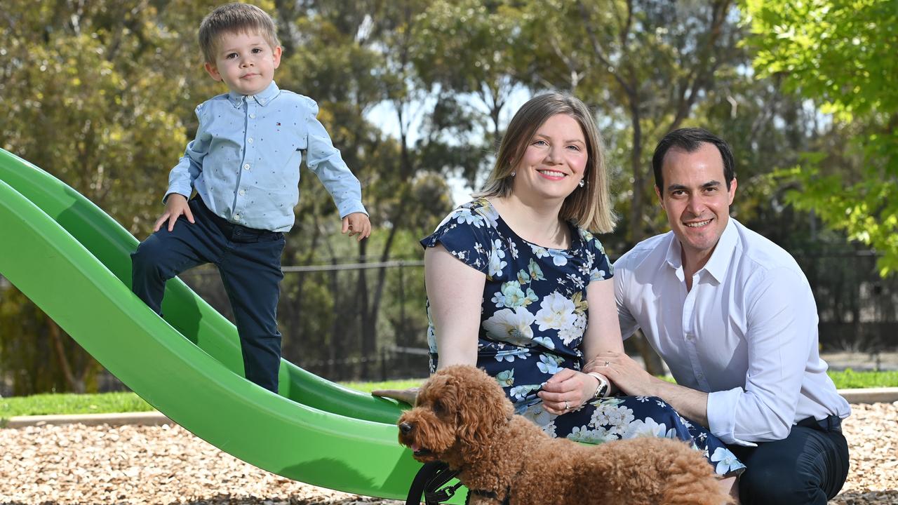 Vincent Tarzia with his wife Charissa and their son Leonardo (plus dog Howard). Picture: Keryn Stevens