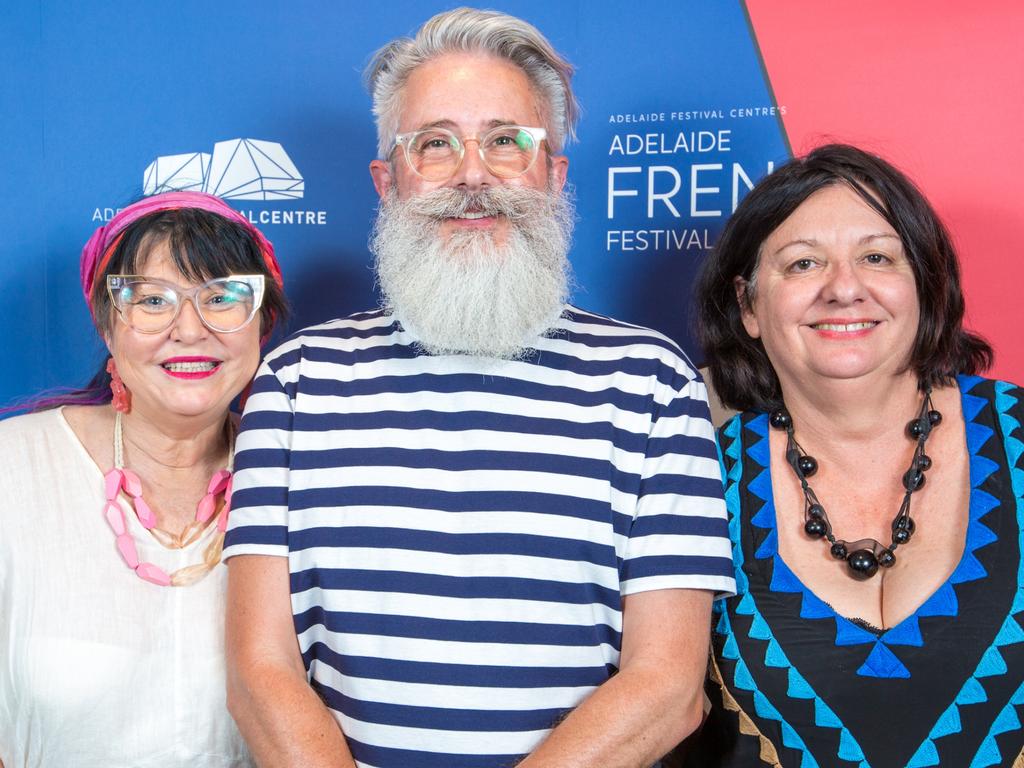 Heather Croall, Nick Phillips and Gail Kovatseff celebrated the opening night of Adelaide Festival Centre’s Adelaide French Festival which featured speeches, food and drinks ahead of a performance of Monchichi. Picture: Kelly Carpenter