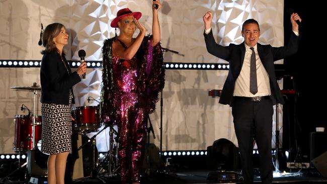 Chief Public Health Officer for SA Health is Associate Professor Nicola Spurrier is worshipped by Hans with Premier Steven Marshall at a performance for Pullman Hotel guests. Picture: Kelly Barnes/Getty Images