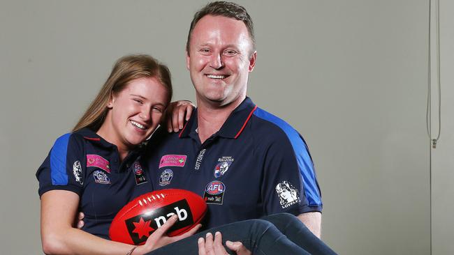 Chris Grant with his daughter Isabella after the 2019 AFLW draft. Picture: Micheal Klein