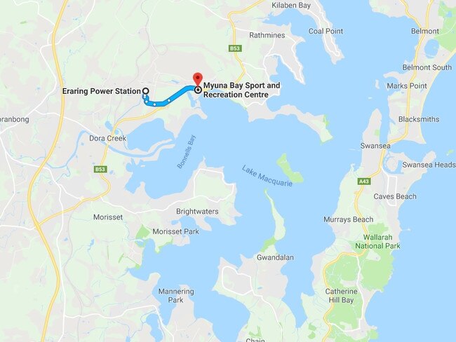 Google map showing the distance and location of Eraring power station to the Myuna Bay camp. 