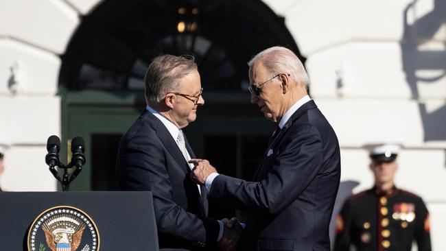 Joe Biden welcomes Anthony Albanese during an arrival ceremony on the South Lawn of the White House.