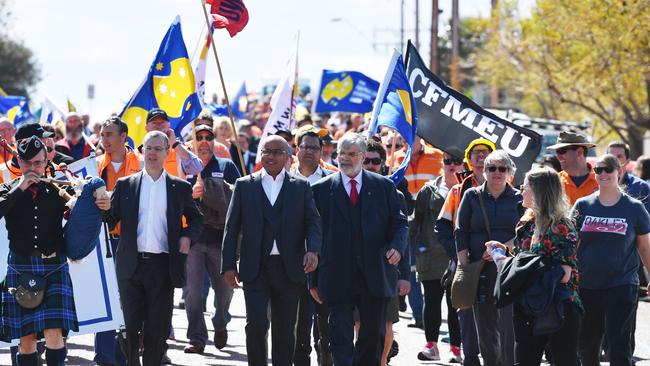 Sanjeev Gupta’s victory march in Whyalla on September 1, 2017 when he was officially handed over the steel and mining operations across Australia. (AAP Image/David Mariuz)