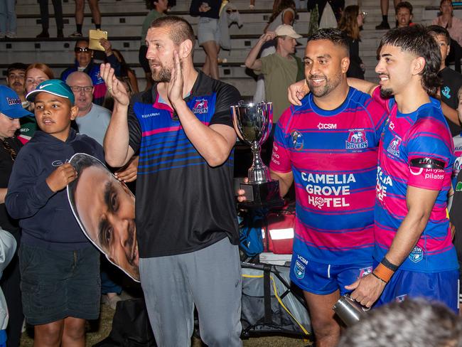 Alexandria Rovers Kareel Phillips and Chaise Robinson with the Grand Final Cup trophy. Picture: Adam Wrightson Photography