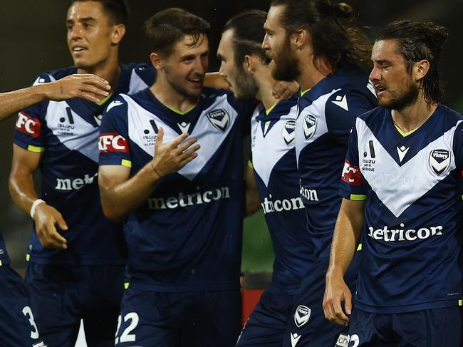 MELBOURNE, AUSTRALIA - MARCH 04: Nicholas D'Agostino of the Victory (C) celebrates a goal during the A-League Men's match between Melbourne Victory and Macarthur FC at AAMI Park, on March 04, 2022, in Melbourne, Australia. (Photo by Daniel Pockett/Getty Images)