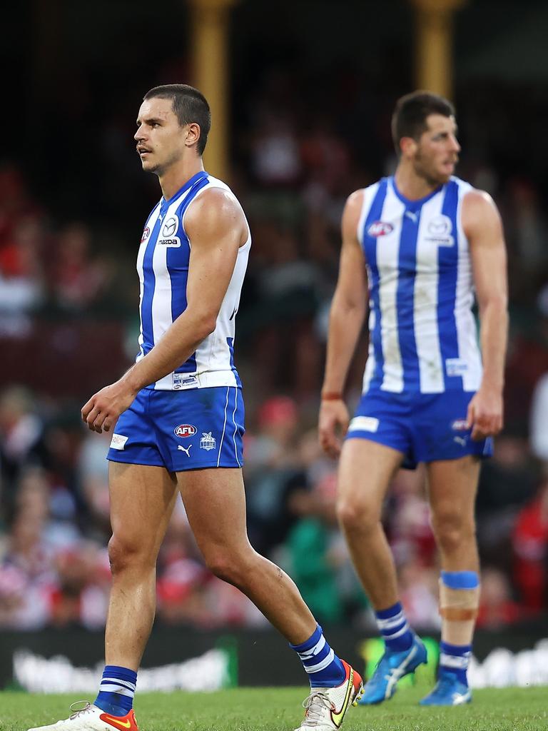 Luke Davies-Uniacke and Tristan Xerri after the final siren. Picture: Mark Kolbe/Getty Images