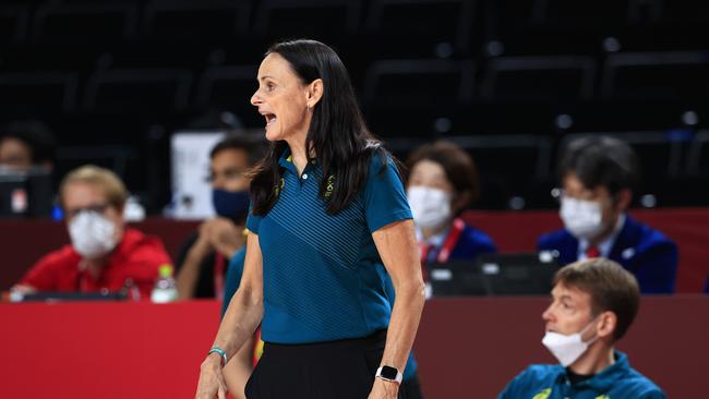 Coach Sandy Brondello in action during the Women's Basketball Quarterfinal between Australia and the USA at Saitama Super Arena during the 2020 Tokyo Olympics. Pics Adam Head