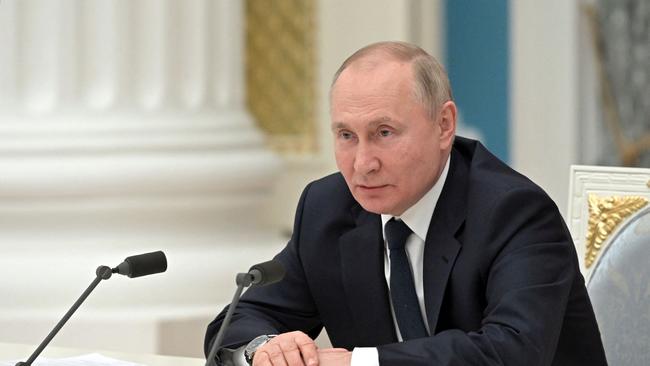Russian President Vladimir Putin chairs a meeting of big businesses at the Kremlin in Moscow on February 24, 2022. Picture: Alexey Nikolsky/AFP