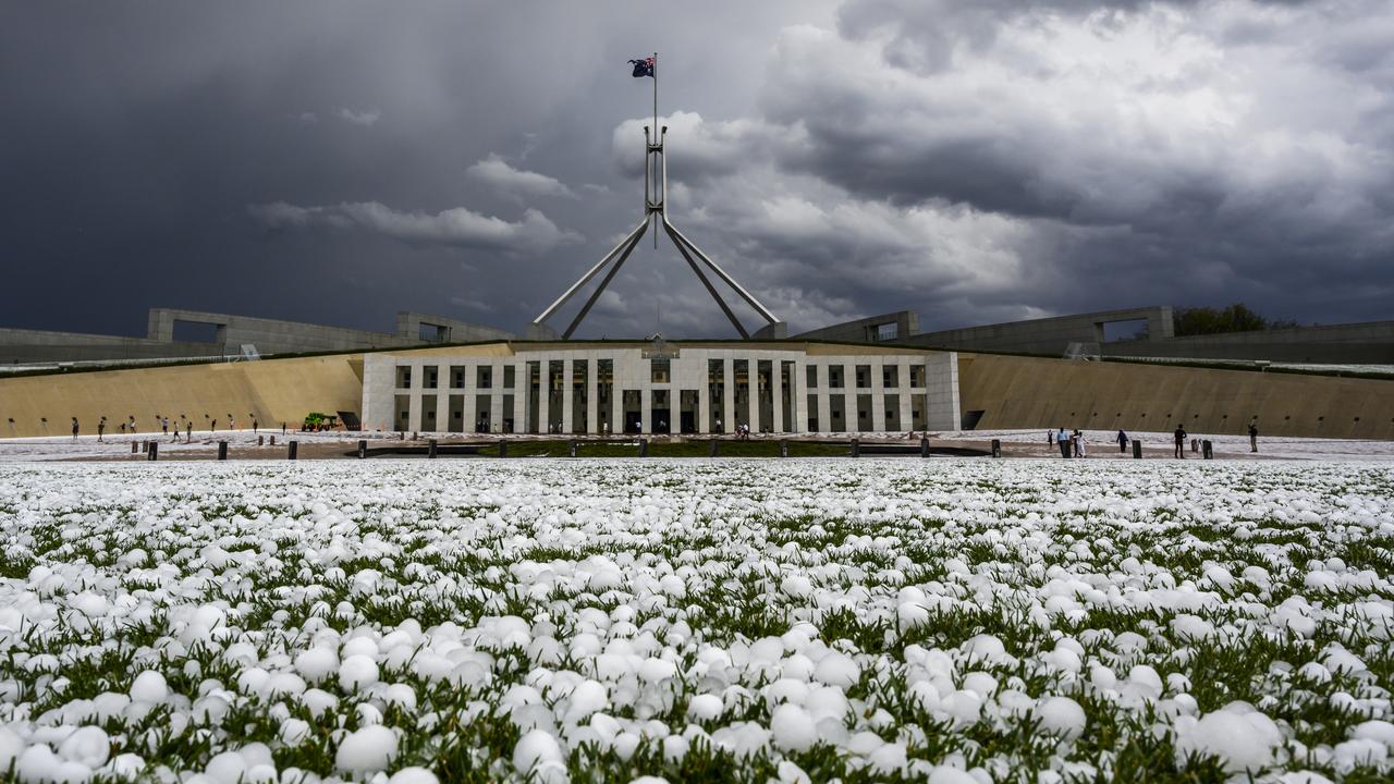 Golf ball-sized hail is shown at Parliament House. Picture: Rohan Thomson/Getty Images