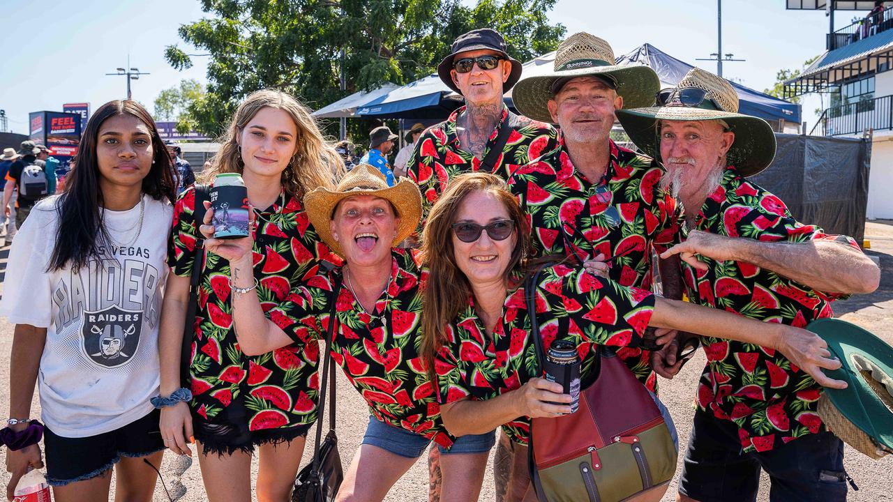 Hannah Nawirridj, Torray-che Bloomer, Hope Cummings, Dannielle Barnes, Mooch Kringle, Bob Bloomer and Sanga Sanson at the 2023 Darwin Supercars. Picture: Pema Tamang Pakhrin