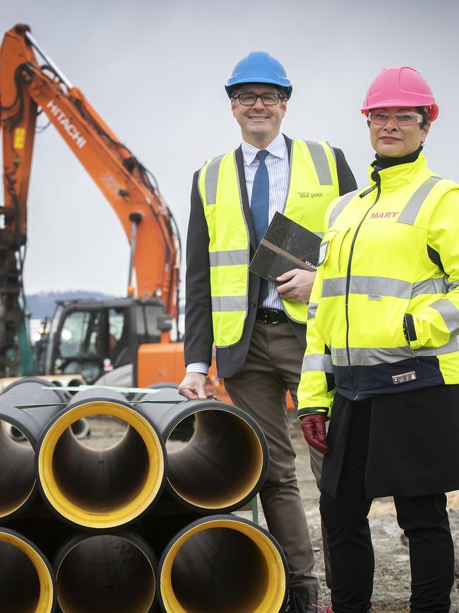 Minister for State Growth Michael Ferguson and Macquarie Point Development Corporation CEO Mary Massina at The Escarpment. Picture Chris Kidd