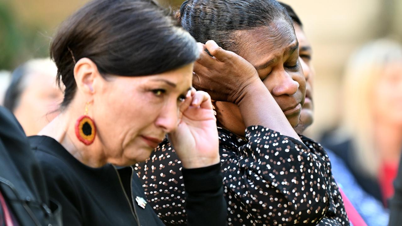 Queensland Minister for Communities and Housing Leeanne Enoch and the Member for Cook Cynthia Lui overcome with emotion during the signing the Statement of Commitment to the Path to Treaty. Picture: NCA NewsWire / Dan Peled