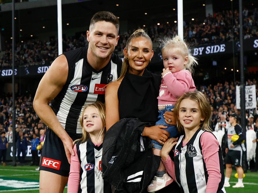 Jack Crisp with wife Mikayla and their daughters before the game. (Photo by Michael Willson/AFL Photos via Getty Images)
