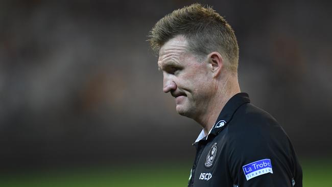 Collingwood coach Nathan Buckley after his side’s loss to Hawthorn. (AAP Image/Julian Smith)