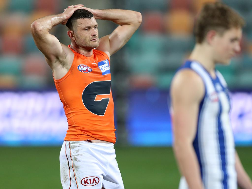 The Giants’ Sam Reid looks dejected after the Round 13 game against North Melbourne ended in a draw. (Photo by Mark Metcalfe/AFL Photos/via Getty Images)