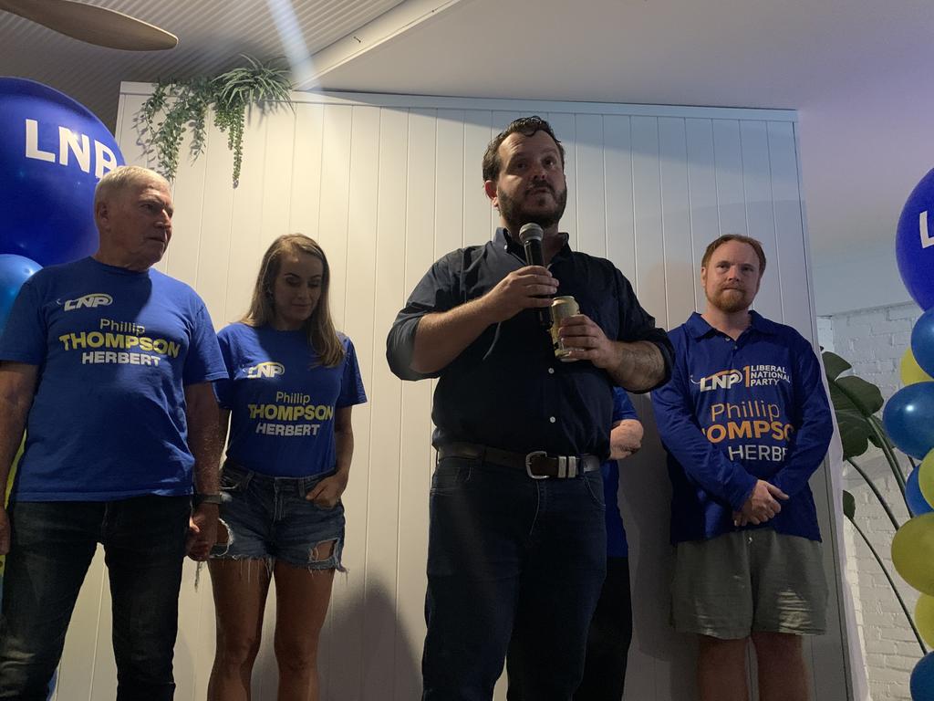Phillip Thompson celebrates with his team after securing the seat for Herbert for a third term during the 2025 Federal Election.