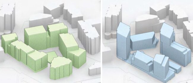 Diagrams of the approved (left) and proposed (right) building height levels