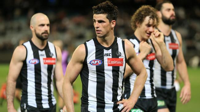 Scott Pendlebury leaves the field after Collingwood’s shock loss to GWS. Picture: Mark Stewart