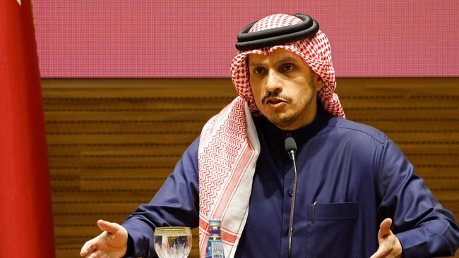 Qatari Prime Minister Sheikh Mohammed bin Abdulrahman bin Jassim Al-Thani speaks to reporters about the deal. Picture: AFP.