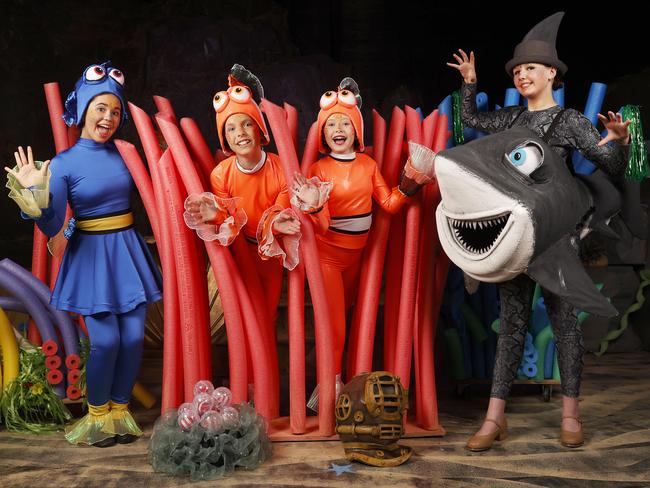 Alondra Lisica 12 as Dory, Ollie Knuckey 11 as Marlin, Madeleine Clark 11 as Nemo, Frida Barclay 12 as Bruce.  Musical Theatre Crew production of Finding Nemo.  Picture: Nikki Davis-Jones