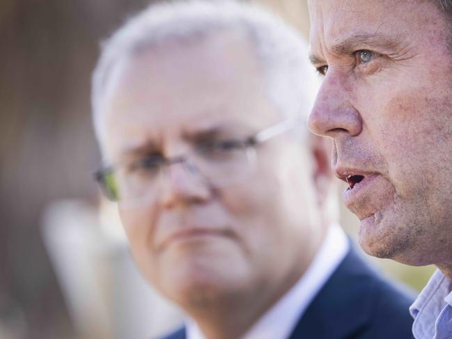 PORTLAND, VICTORIA, AUSTRALIA - NewsWire Photos MARCH 19, 2021.The Hon. Scott Morrison MP Prime Minister visits the Portland Aluminium smelter, to announce funding. PM Scott Morrison and Dan Tehan speaking to the press. Picture: NCA NewsWire / Nicole Cleary