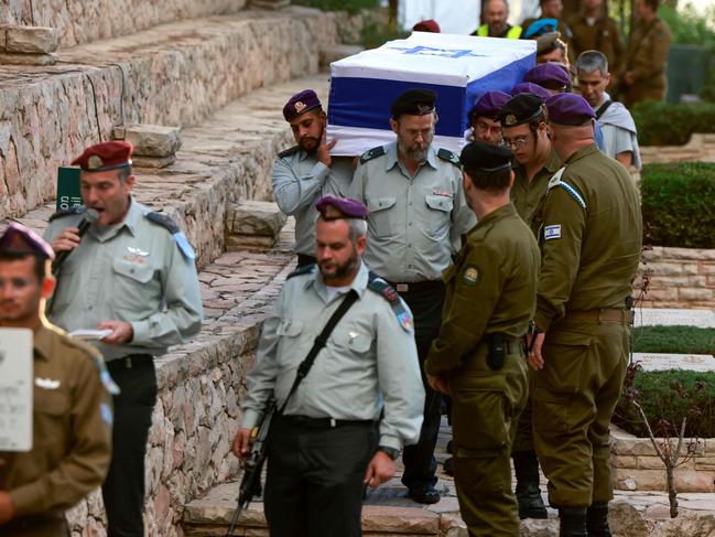 Israeli soldiers carry the coffin of fellow soldier Daniel Mimon Toaff, 23, during a funeral in Jerusalem, amid the ongoing war between Israel and the Palestinian Hamas movement. Picture: AFP