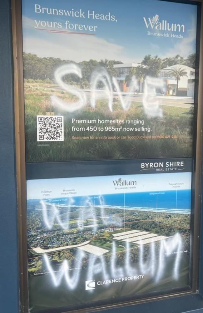 Graffiti on the walls of Byron Shire Real Estate offices at Brunswick Heads. Picture: Supplied.