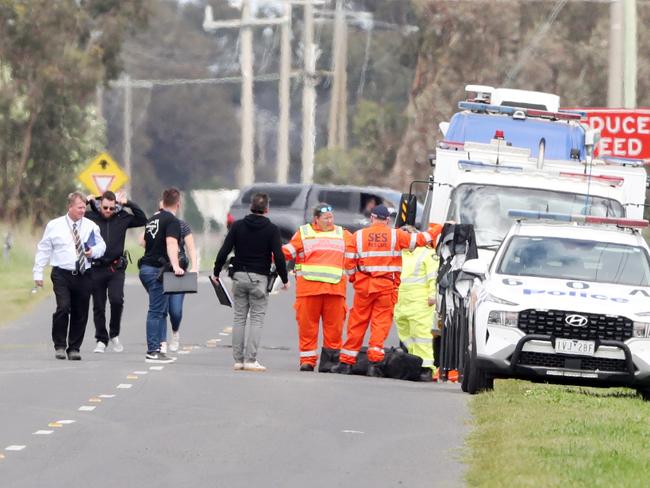 Police block off a road in Ardmona where fugitive Stanley Turvey was shot dead. Picture: David Crosling